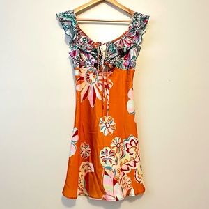 NWT FREE PEOPLE Intimately Ruffled Floral Paisley Bronze Orange Mini Dress S